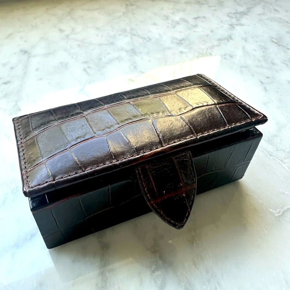 Smythson Dark Brown Croc-Embossed Jewelry Box with Gold Hardware